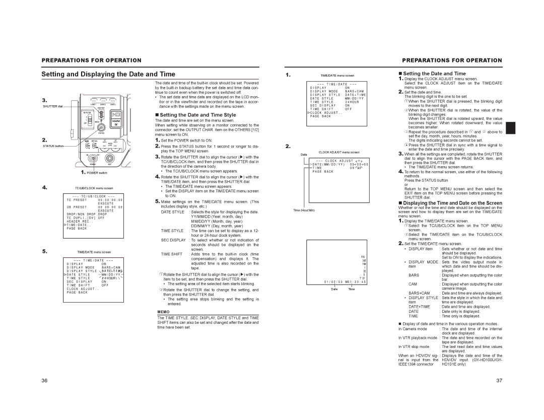 JVC GY-HD100, GY-HD101 manual Setting and Displaying the Date and Time, „ Setting the Date and Time Style 