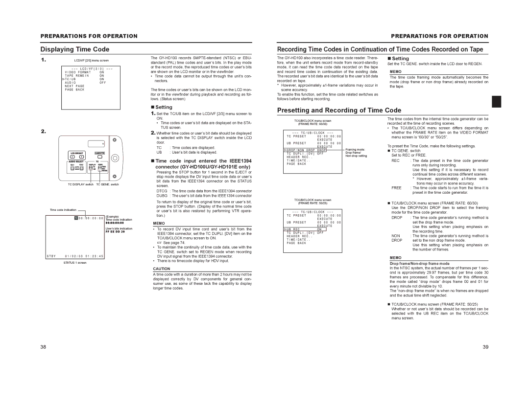 JVC GY-HD100, GY-HD101 manual Displaying Time Code, Presetting and Recording of Time Code, „ Setting 