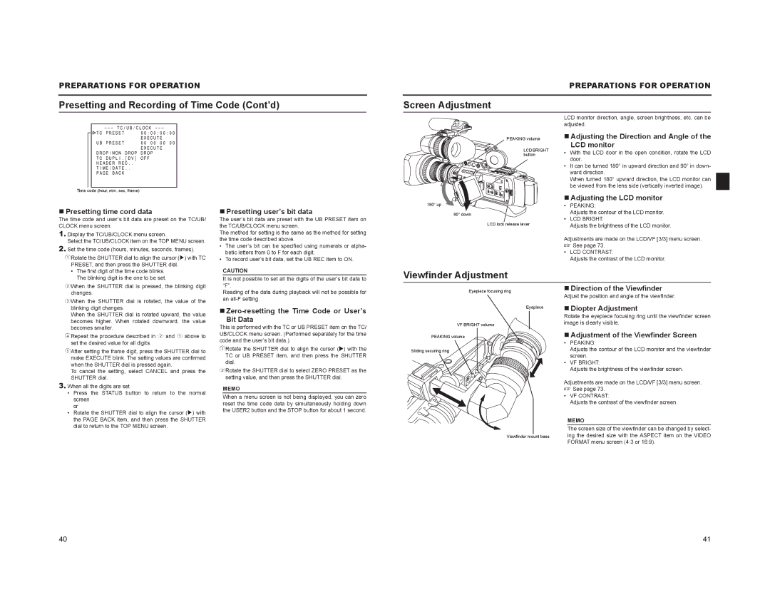 JVC GY-HD100, GY-HD101 manual Presetting and Recording of Time Code Cont’d, Screen Adjustment, Viewfinder Adjustment 