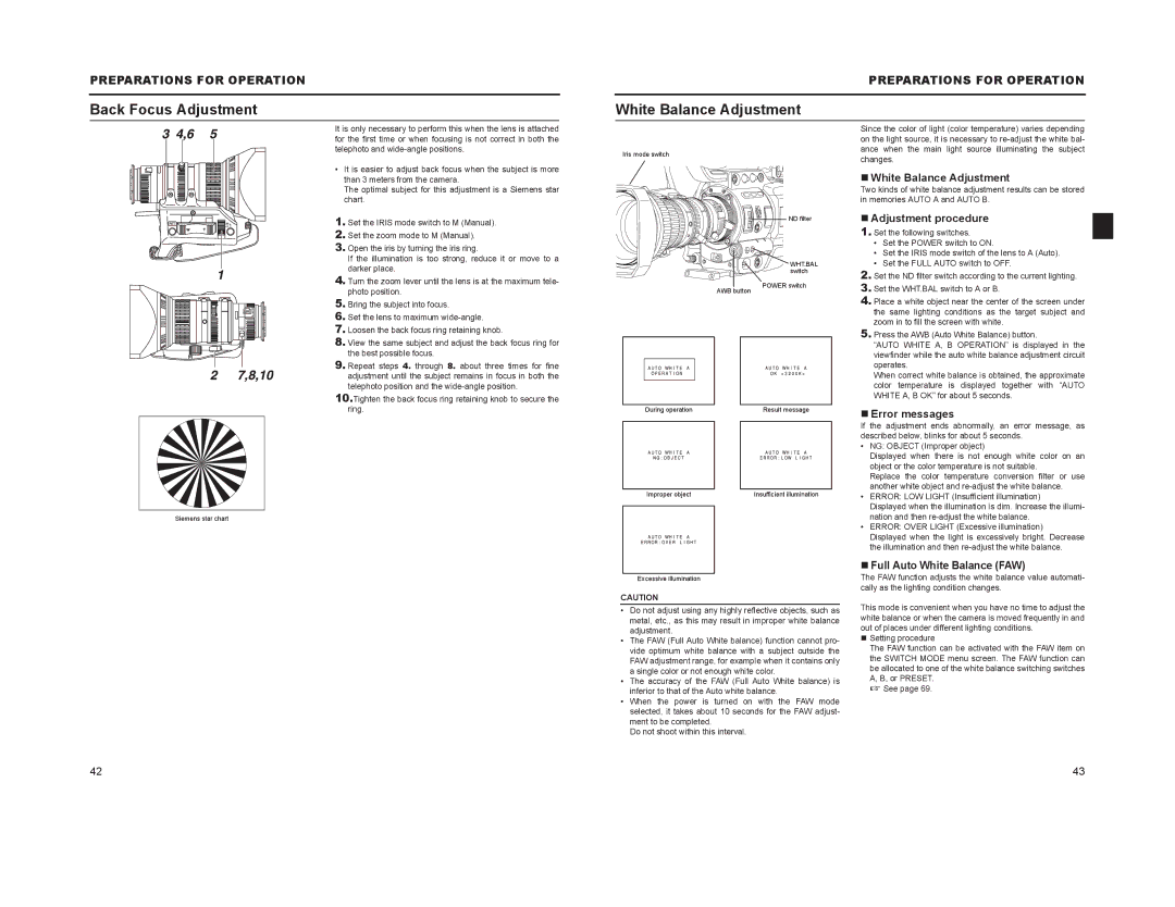 JVC GY-HD100, GY-HD101 manual Back Focus Adjustment, White Balance Adjustment 