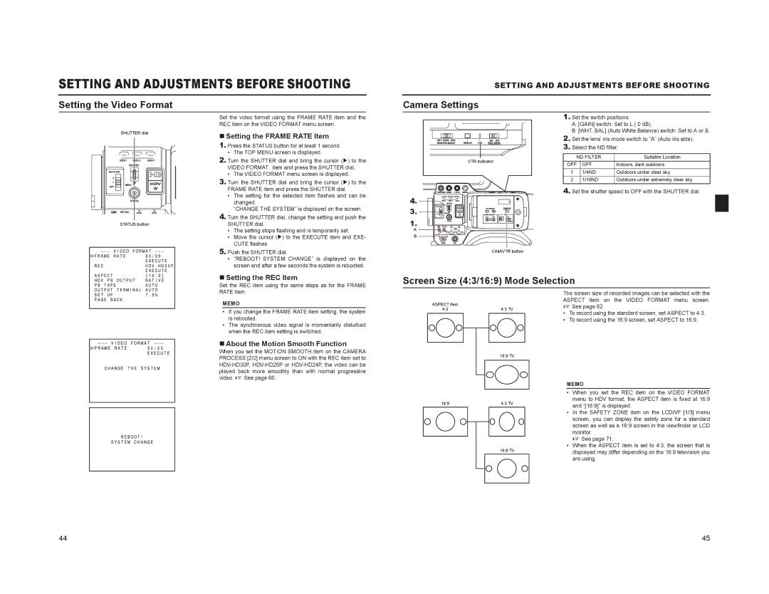 JVC GY-HD100, GY-HD101 manual Setting the Video Format, Camera Settings, Screen Size 43/169 Mode Selection 