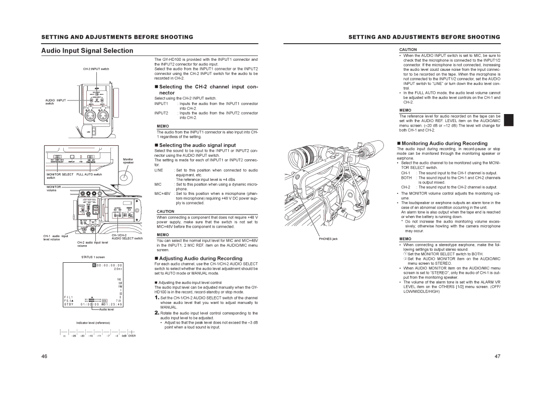 JVC GY-HD100, GY-HD101 manual Audio Input Signal Selection, „ Selecting the CH-2 channel input con Nector 