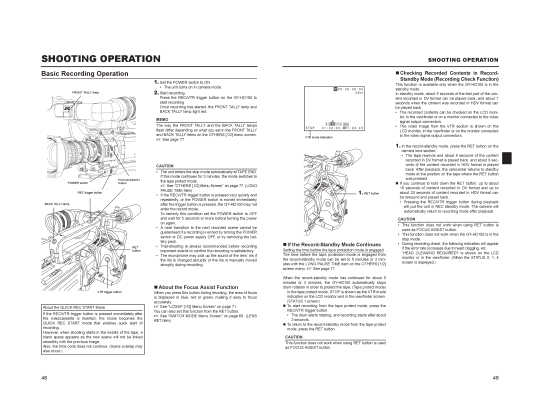 JVC GY-HD100, GY-HD101 manual Shooting Operation, Basic Recording Operation 