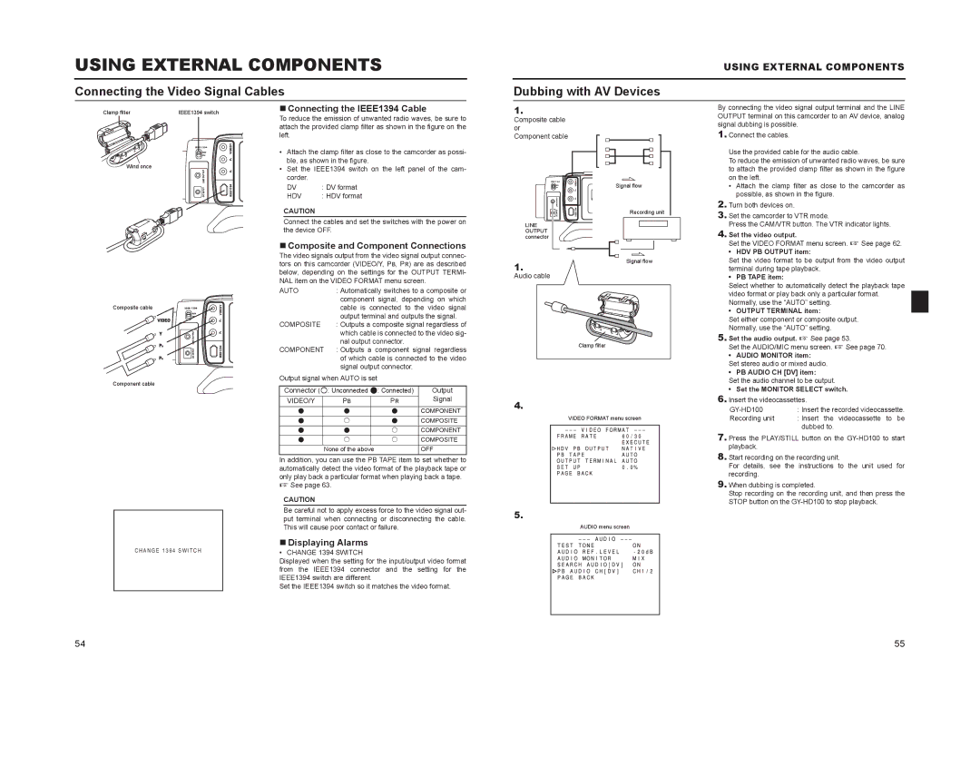 JVC GY-HD100, GY-HD101 manual Using External Components, Connecting the Video Signal Cables Dubbing with AV Devices 