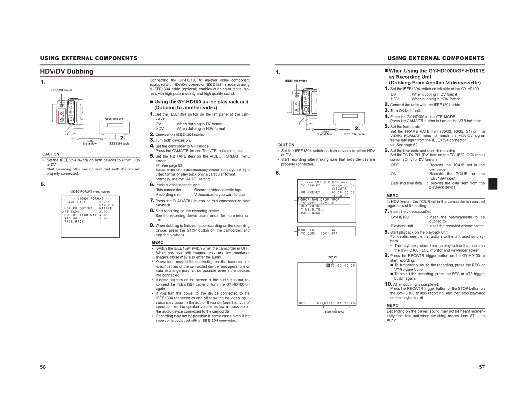 JVC GY-HD100, GY-HD101 manual HDV/DV Dubbing, Connect the units with the IEEE1394 cable 