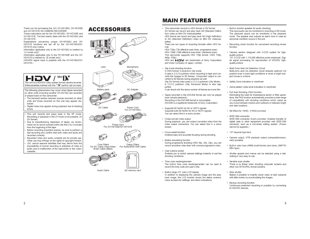 JVC GY-HD100, GY-HD101 manual Main Features, Accessories 