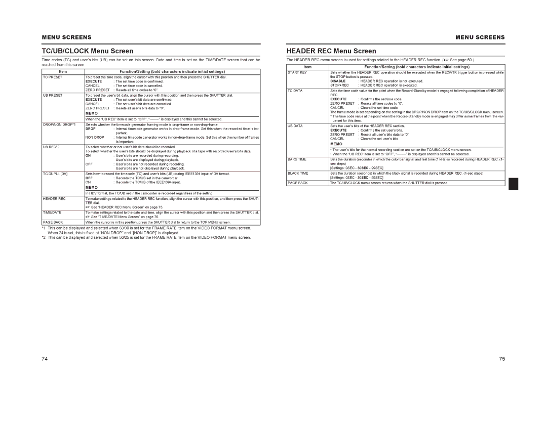 JVC GY-HD100, GY-HD101 manual TC/UB/CLOCK Menu Screen, Header REC Menu Screen, Execute, Drop, Disable 