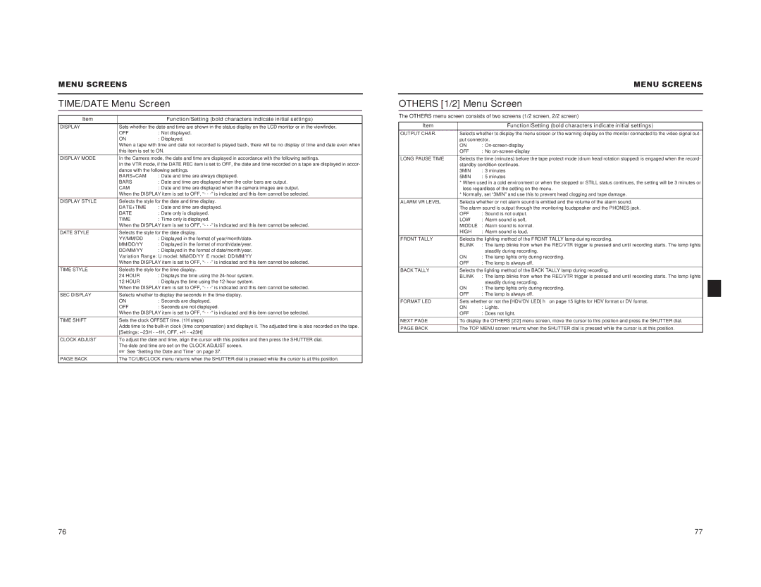 JVC GY-HD100, GY-HD101 manual TIME/DATE Menu Screen, Others 1/2 Menu Screen 