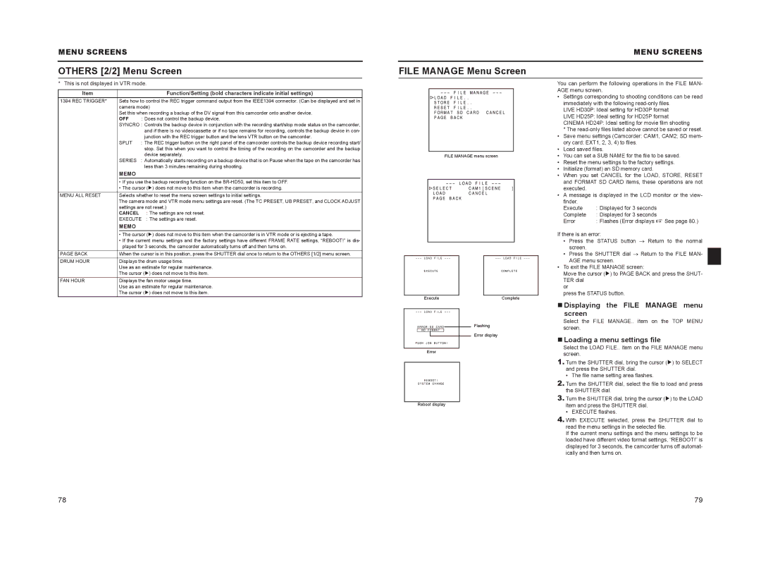 JVC GY-HD100, GY-HD101 manual Others 2/2 Menu Screen, File Manage Menu Screen, „ Displaying the File Manage menu Screen 