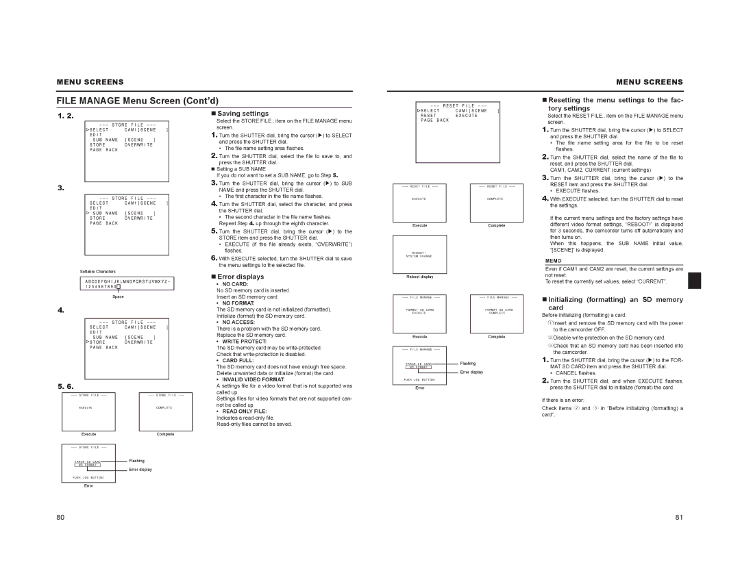 JVC GY-HD100, GY-HD101 manual File Manage Menu Screen Cont’d 