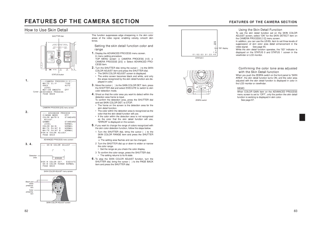 JVC GY-HD100, GY-HD101 manual Features of the Camera Section, How to Use Skin Detail, „ Using the Skin Detail Function 