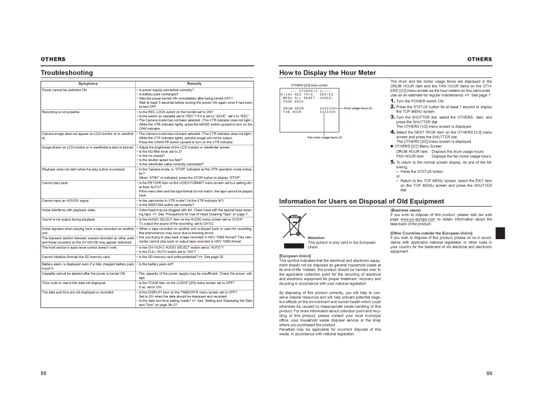 JVC GY-HD101 manual Troubleshooting, How to Display the Hour Meter, Information for Users on Disposal of Old Equipment 