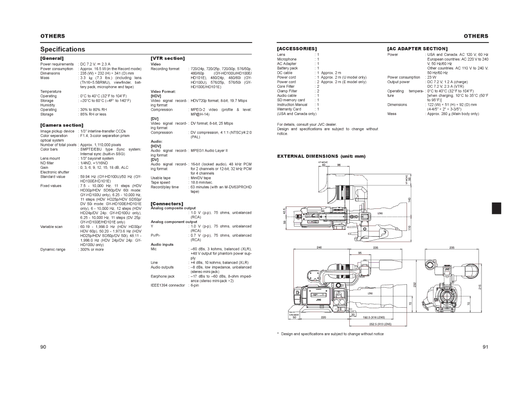 JVC GY-HD100, GY-HD101 manual Specifications, Hdv 