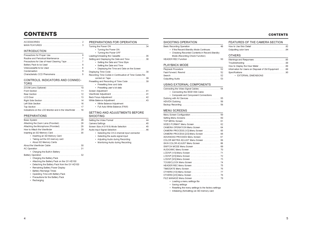 JVC GY-HD100, GY-HD101 manual Contents 