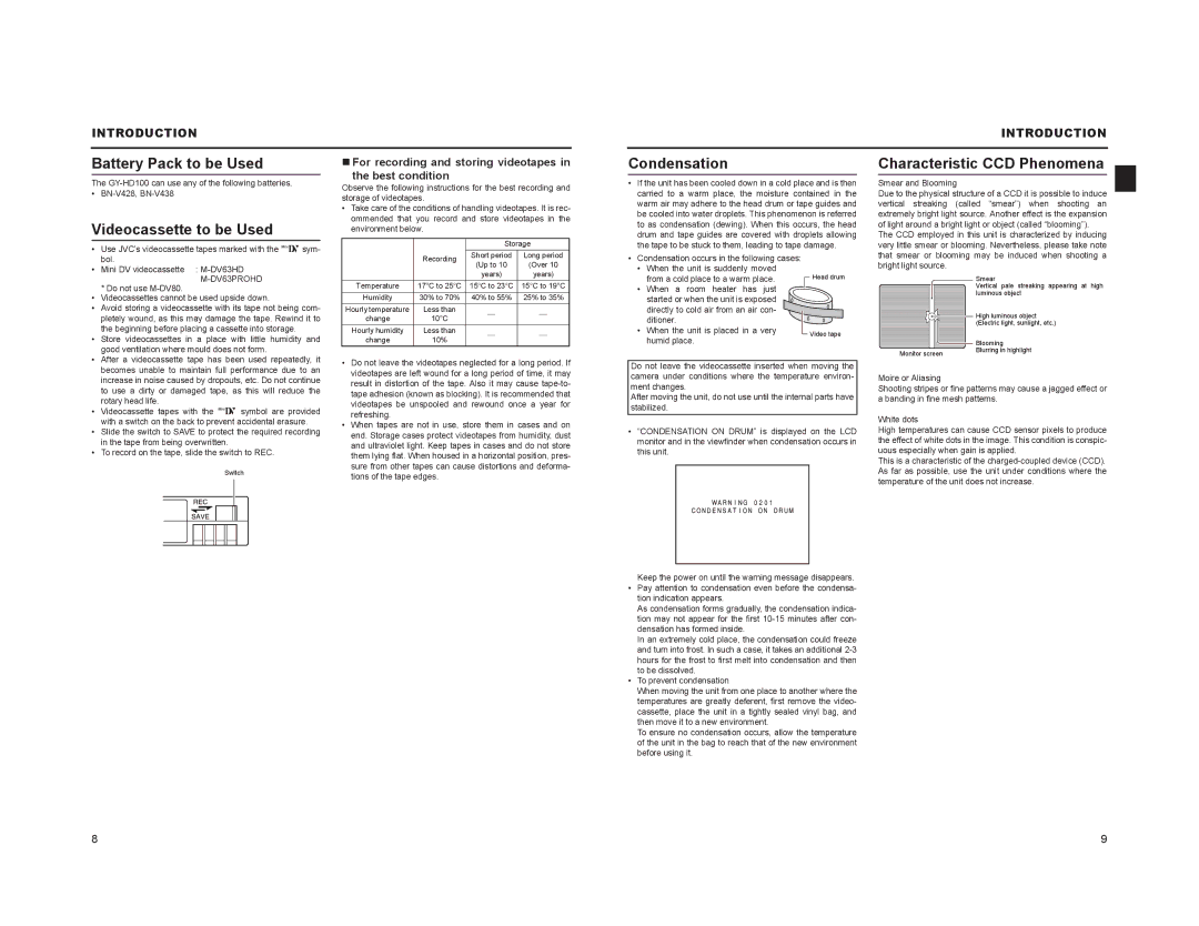 JVC GY-HD101 manual Battery Pack to be Used, Videocassette to be Used, Condensation, Characteristic CCD Phenomena 