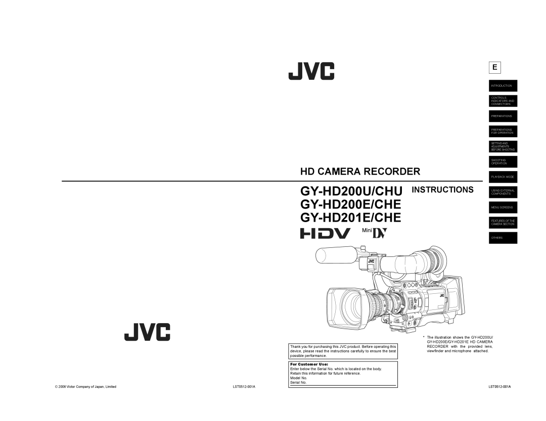 JVC GY-HD200CHU, GY-HD201CHE, GY-HD200CHE manual GY-HD200U/CHU Instructions GY-HD200E/CHE GY-HD201E/CHE, For Customer Use 