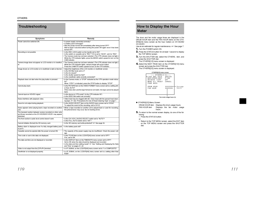 JVC GY-HD200CHU, GY-HD200E, GY-HD200U, GY-HD201E, GY-HD201CHE manual Troubleshooting, How to Display the Hour Meter, Rgb? 