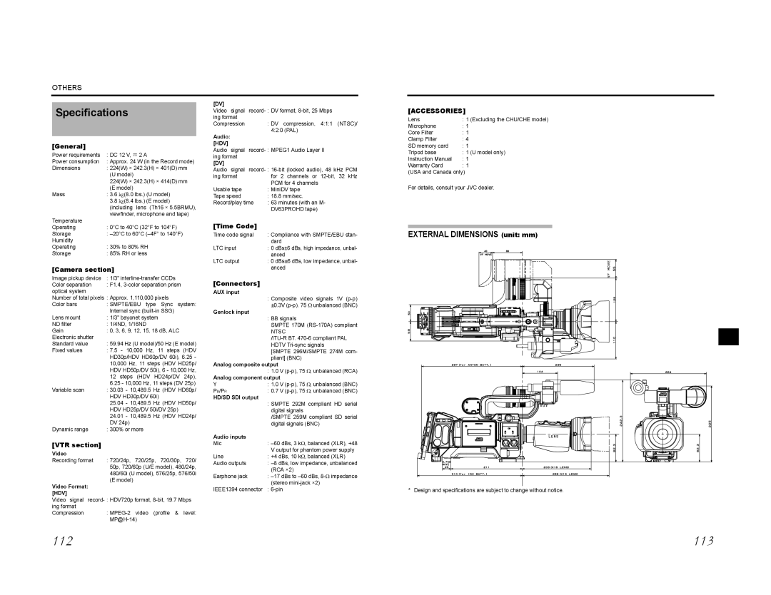 JVC GY-HD200U, GY-HD200E, GY-HD200CHU, GY-HD201E, GY-HD201CHE manual Specifications, AUX input, Genlock input, HD/SD SDI output 