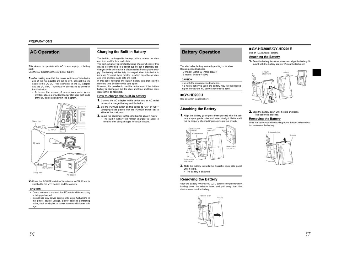 JVC GY-HD201E, GY-HD200E, GY-HD200CHU, GY-HD200U, GY-HD201CHE, GY-HD200CHE manual AC Operation, Battery Operation 