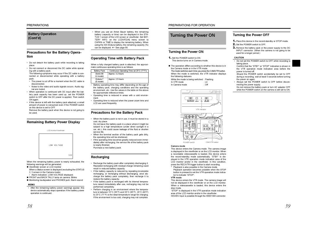 JVC GY-HD201CHE, GY-HD200E, GY-HD200CHU, GY-HD200U, GY-HD201E, GY-HD200CHE manual Turning the Power on 