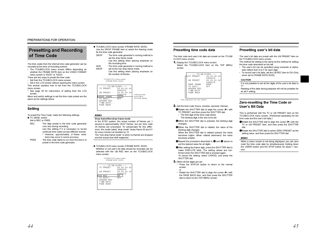 JVC GY-HD200CHU Presetting and Recording of Time Code, Setting, Presetting time code data, Presetting user’s bit data 