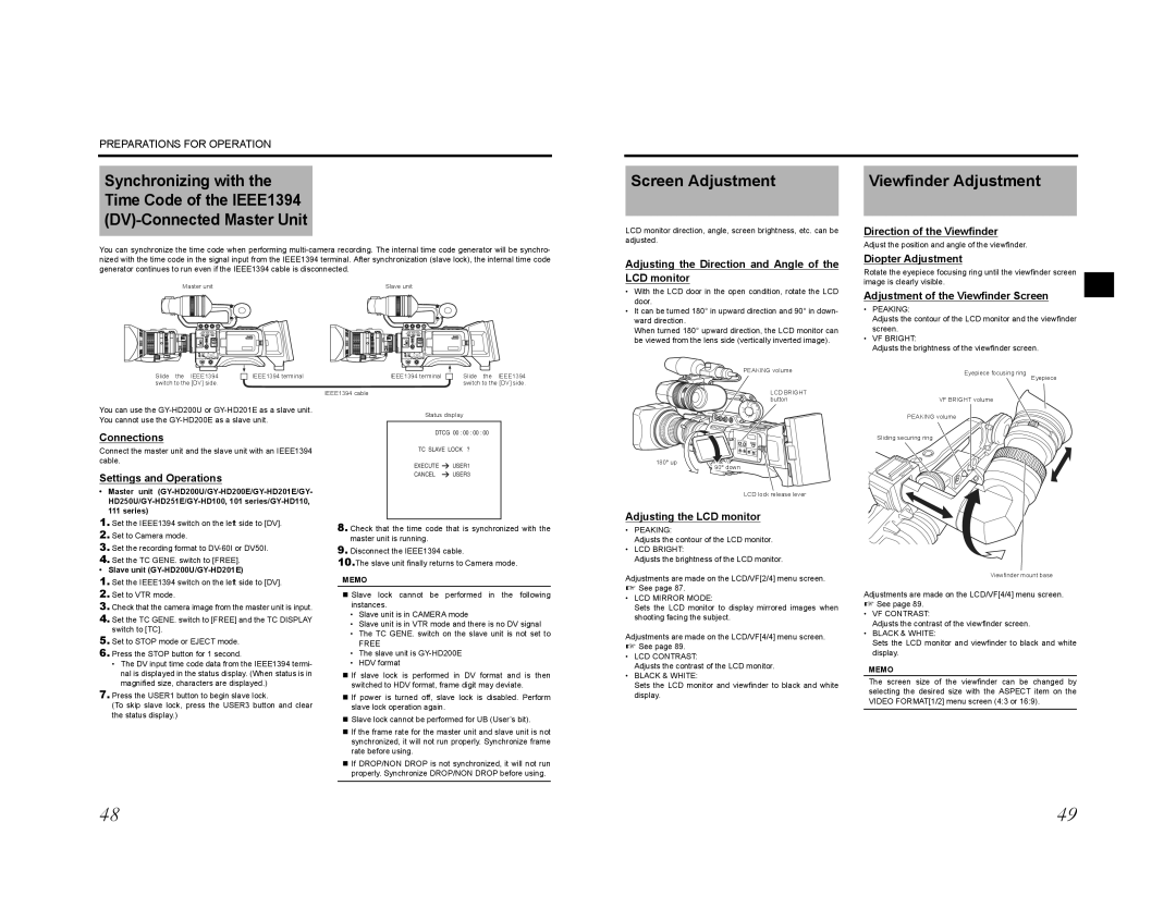 JVC GY-HD201E, GY-HD200E, GY-HD200CHU, GY-HD200U, GY-HD201CHE, GY-HD200CHE manual Screen Adjustment, Viewfinder Adjustment 