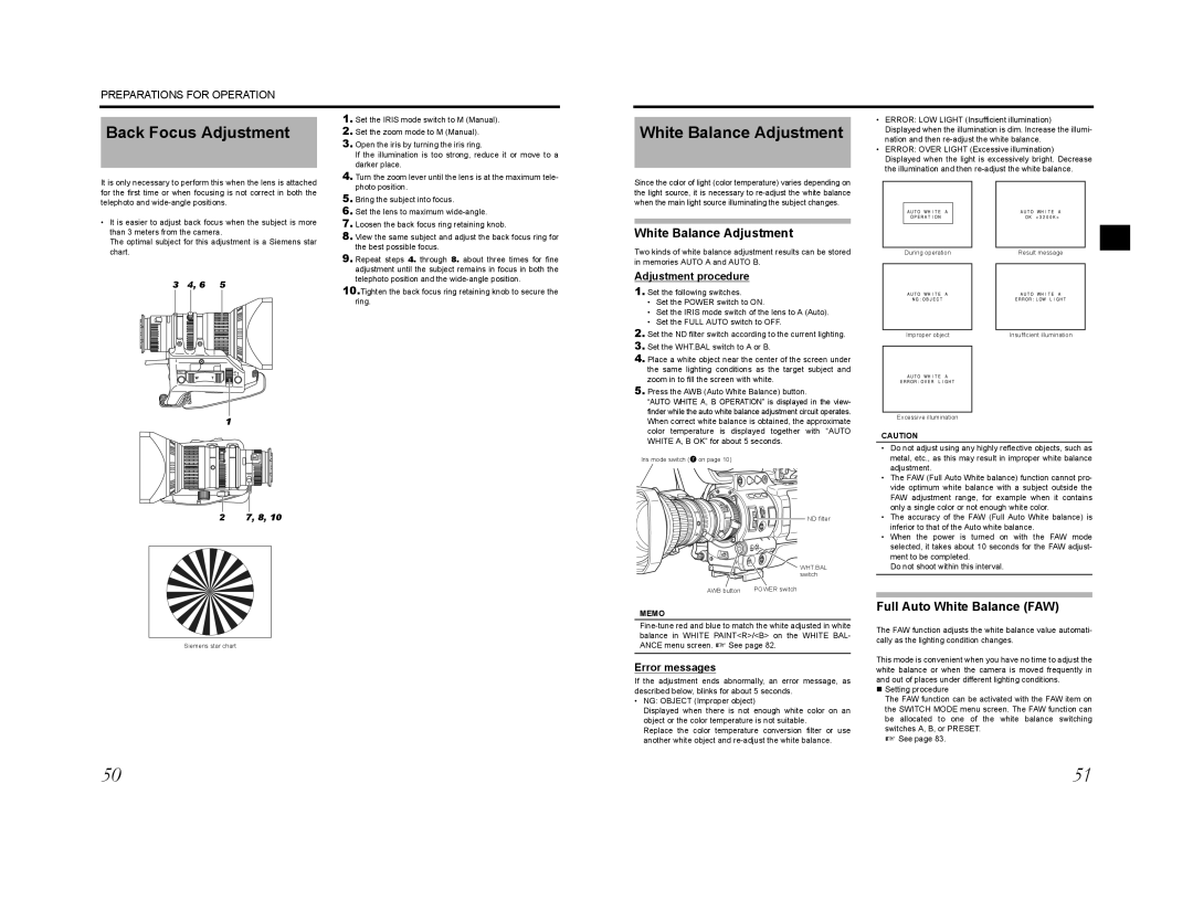 JVC GY-HD201CHE, GY-HD200E, GY-HD200CHU manual Back Focus Adjustment, White Balance Adjustment, Full Auto White Balance FAW 