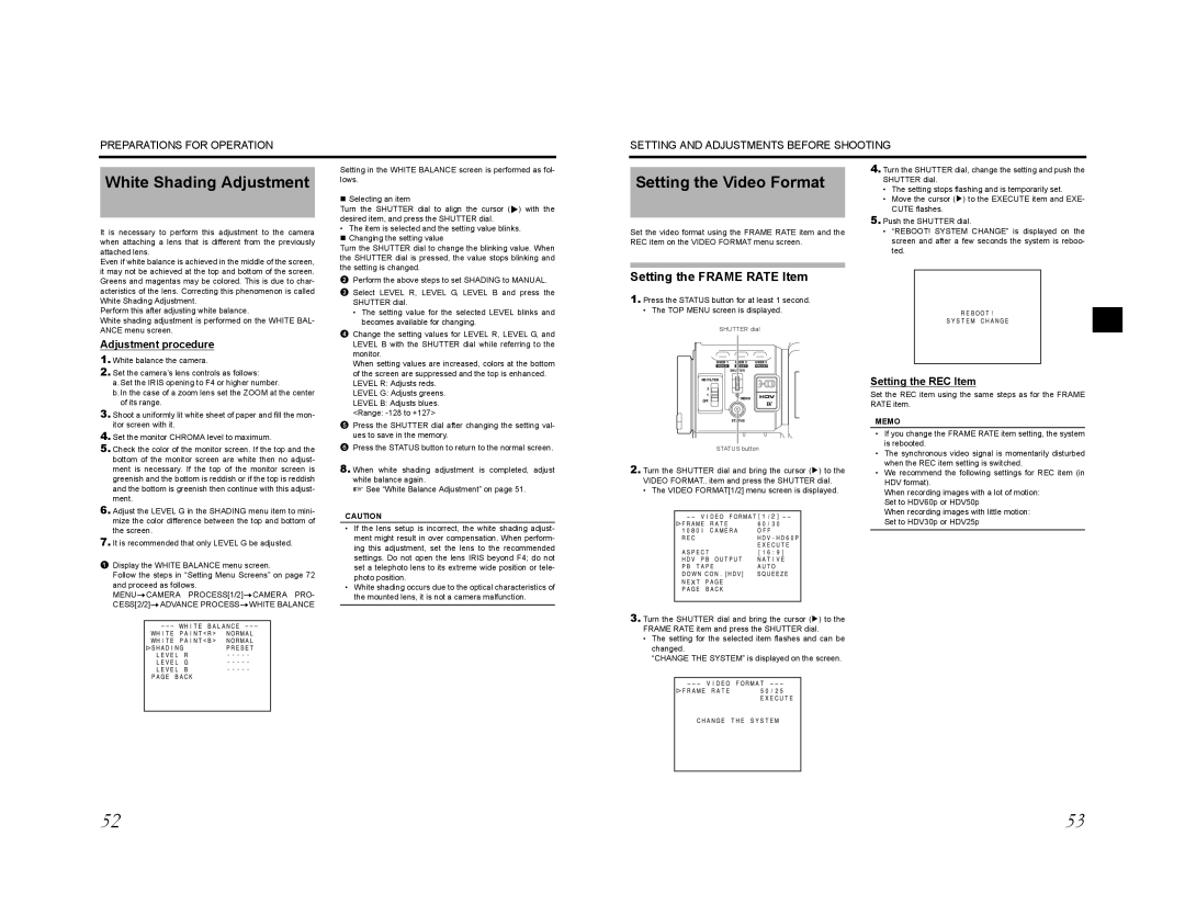 JVC GY-HD200CHE White Shading Adjustment, Setting the Video Format, Setting the Frame Rate Item, Setting the REC Item 