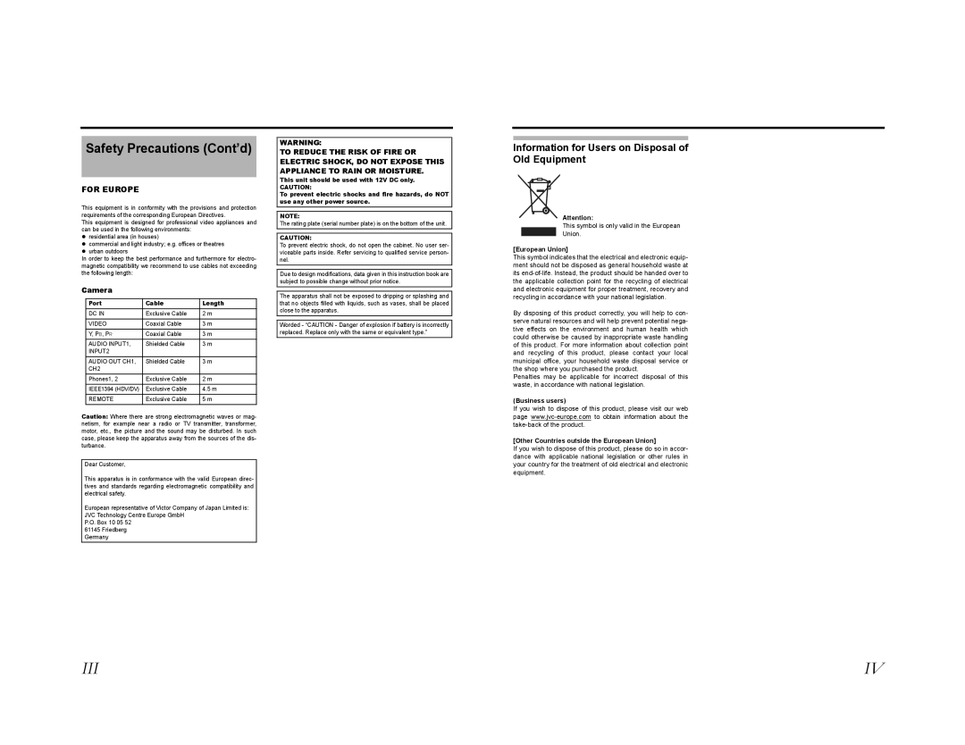 JVC GY-HD201E, GY-HD200E Safety Precautions Cont’d, Information for Users on Disposal of Old Equipment, European Union 