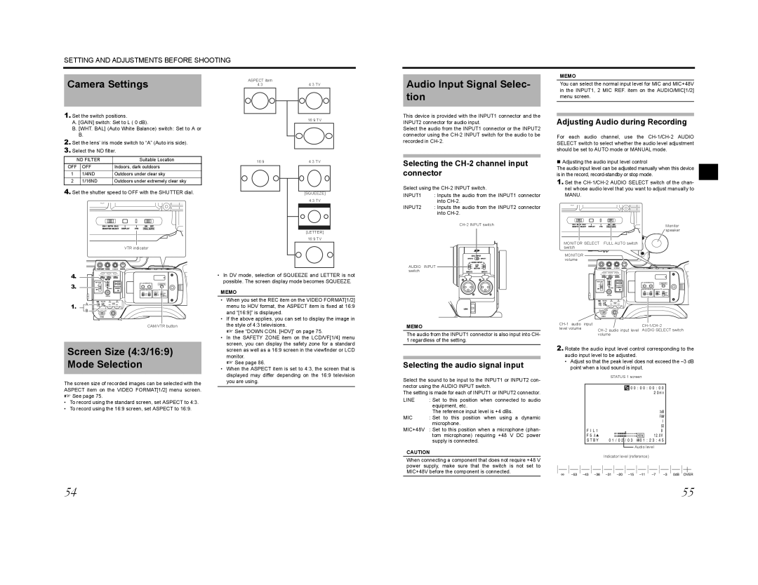 JVC GY-HD200E, GY-HD200CHU, GY-HD200U Camera Settings, Audio Input Signal Selec- tion, Screen Size 43/169 Mode Selection 