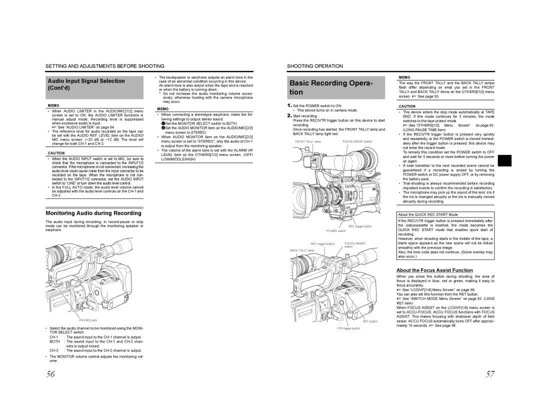 JVC GY-HD200CHU manual Basic Recording Opera- tion, Audio Input Signal Selection Cont’d, Monitoring Audio during Recording 