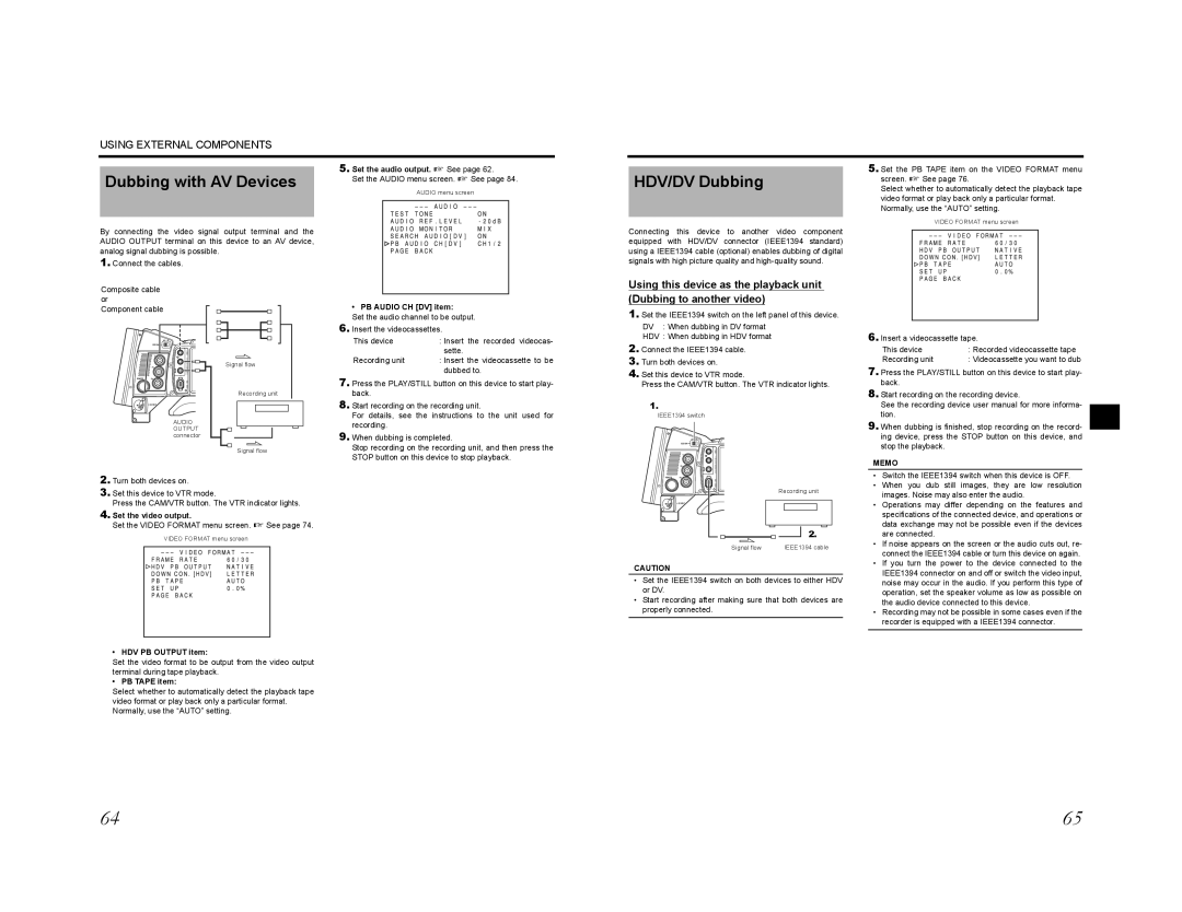 JVC GY-HD200CHE, GY-HD200E, GY-HD200CHU, GY-HD200U, GY-HD201E, GY-HD201CHE manual Dubbing with AV Devices, HDV/DV Dubbing 