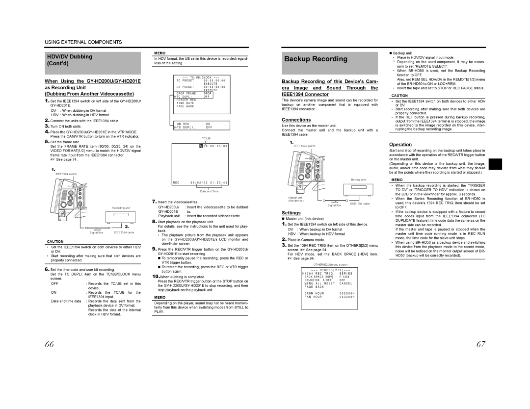 JVC GY-HD200E, GY-HD200CHU, GY-HD200U, GY-HD201E, GY-HD201CHE manual Backup Recording, HDV/DV Dubbing Cont’d, Settings, Off 