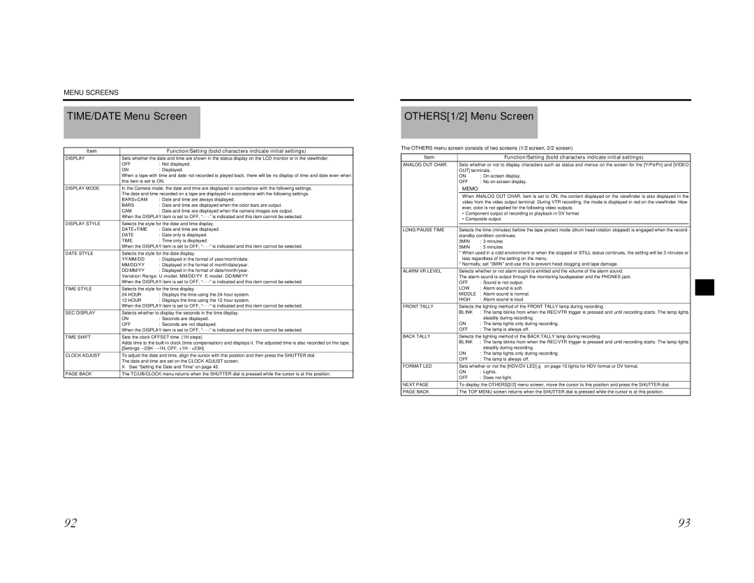 JVC GY-HD200CHU, GY-HD200E, GY-HD200U, GY-HD201E, GY-HD201CHE, GY-HD200CHE manual TIME/DATE Menu Screen, OTHERS1/2 Menu Screen 