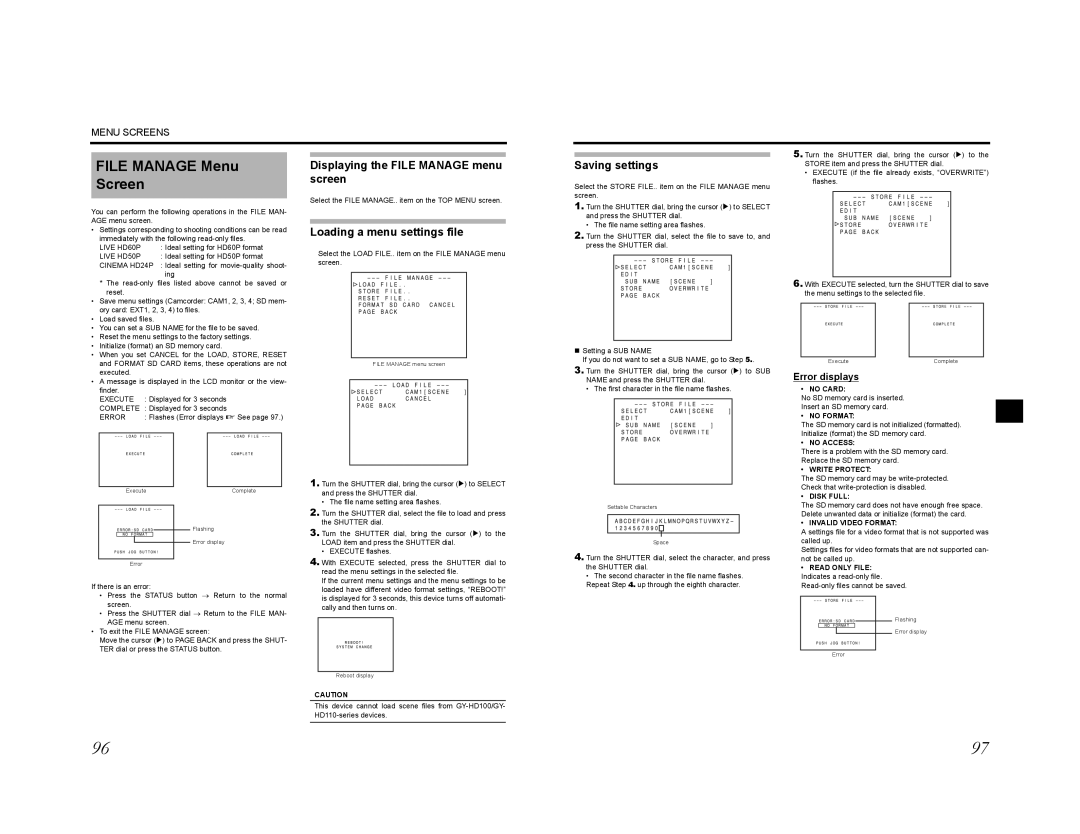 JVC GY-HD201E, GY-HD200E File Manage Menu Screen, Displaying the File Manage menu screen, Loading a menu settings file 