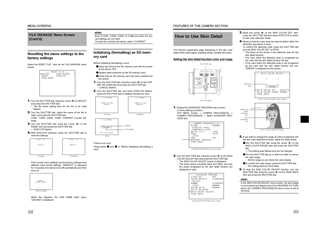 JVC GY-HD201CHE, GY-HD200E, GY-HD200CHU manual How to Use Skin Detail, Initializing formatting an SD mem- ory card, Rotate 