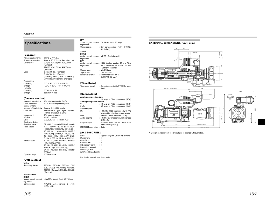 JVC GY-HD201E, GY-HD200E, GY-HD200CHU, GY-HD200U, GY-HD201CHE, GY-HD200CHE Specifications, External Dimensions unit mm, Hdv 