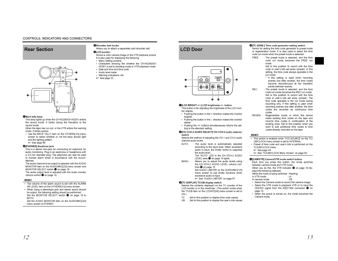 JVC GY-HD200E Rear Section, LCD Door, 4TC GENE. Time code generator setting switch, Setting, the time code always operates 