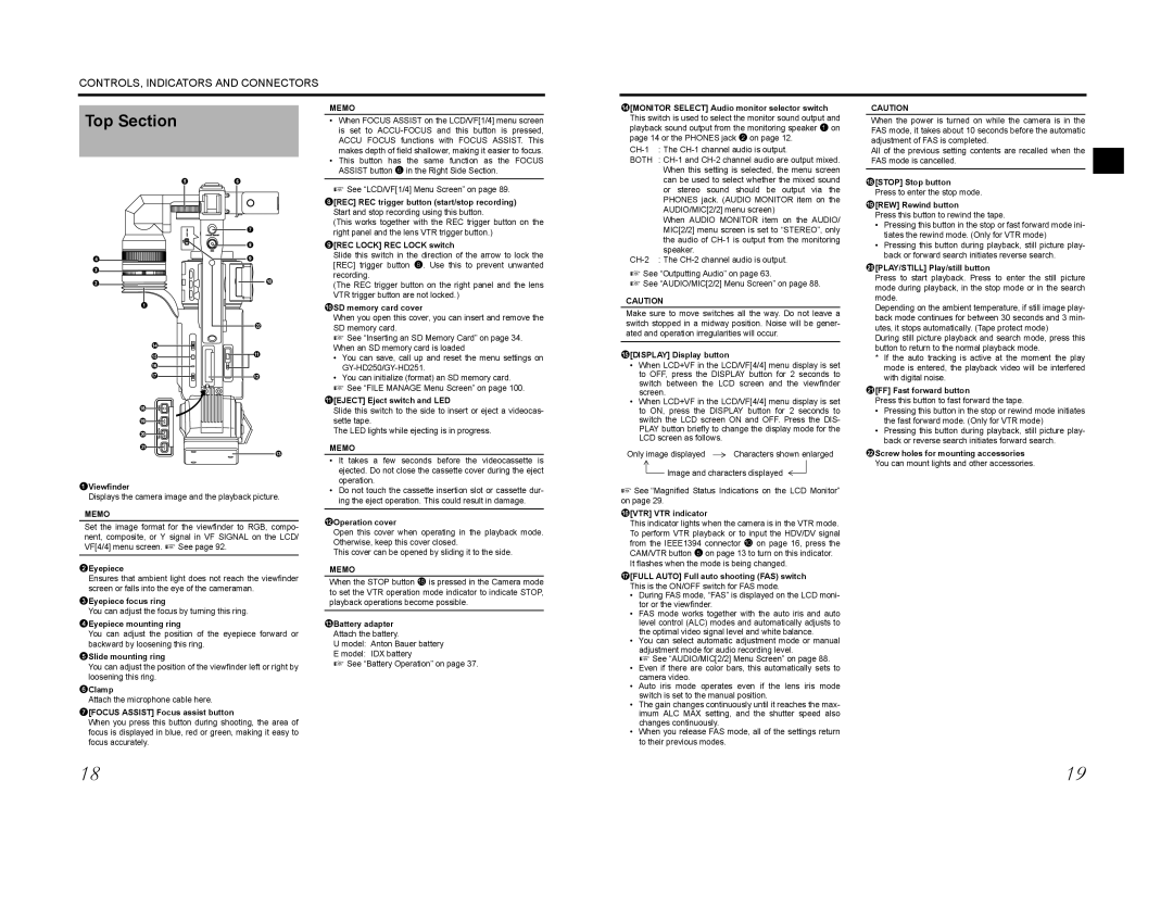 JVC GY-HD201E, GY-HD200E, GY-HD200CHU, GY-HD200U, GY-HD201CHE, GY-HD200CHE manual Top Section, 9REC Lock REC Lock switch 