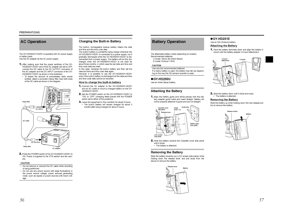 JVC GY-HD200E, GY-HD200CHU, GY-HD200U, GY-HD201E manual AC Operation, Battery Operation, „GY-HD250U, „GY-HD251E, DC Input 