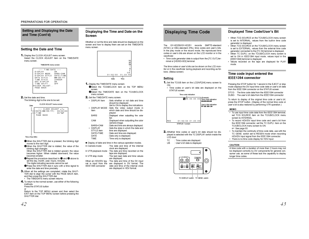 JVC GY-HD201E manual Displaying Time Code, Displayed Time Code/User’s Bit, Time code input entered the IEEE1394 connector 