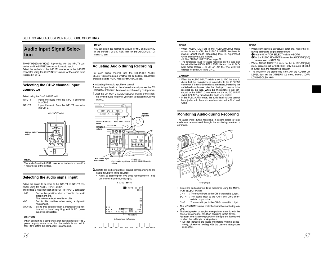 JVC GY-HD201CHE, GY-HD200E, GY-HD200CHU, GY-HD200U, GY-HD201E, GY-HD200CHE manual Audio Input Signal Selec- tion 