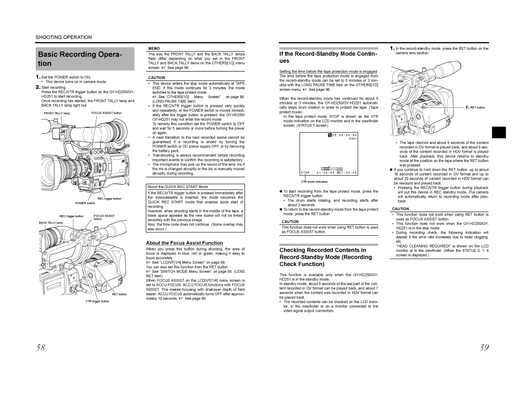 JVC GY-HD200CHE, GY-HD200E, GY-HD200CHU, GY-HD200U, GY-HD201E, GY-HD201CHE manual Basic Recording Opera- tion, Focus Assist 