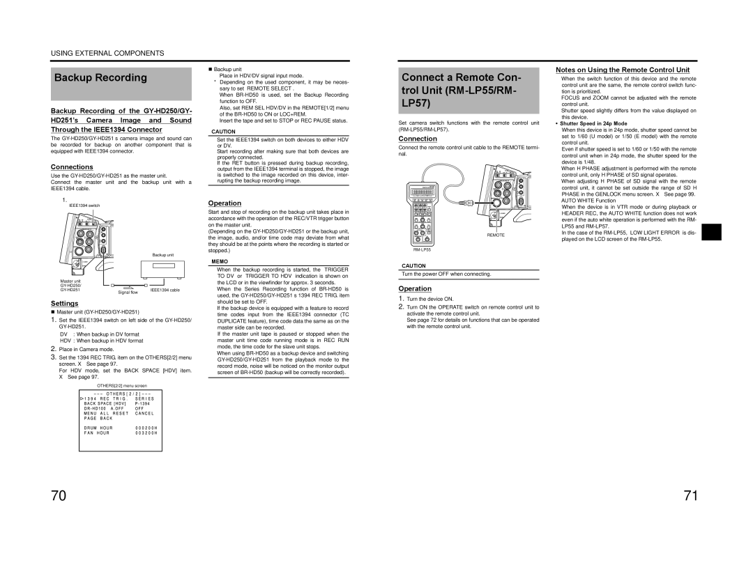 JVC GY-HD200CHE, GY-HD200E, GY-HD200CHU, GY-HD200U manual Backup Recording, Connect a Remote Con- trol Unit RM-LP55/RM- LP57 