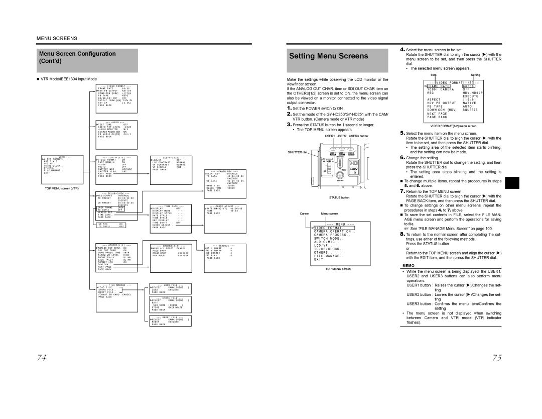 JVC GY-HD200CHU, GY-HD200E, GY-HD200U, GY-HD201E, GY-HD201CHE manual Setting Menu Screens, Menu Screen Configuration Cont’d 