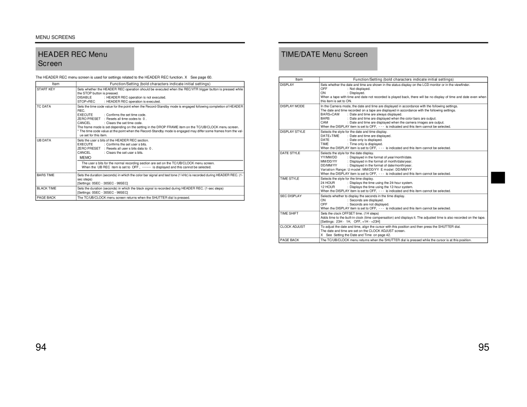 JVC GY-HD201E/CHE, GY-HD200E/CHE, GY-HD200U/CHU manual Header REC Menu Screen, TIME/DATE Menu Screen 