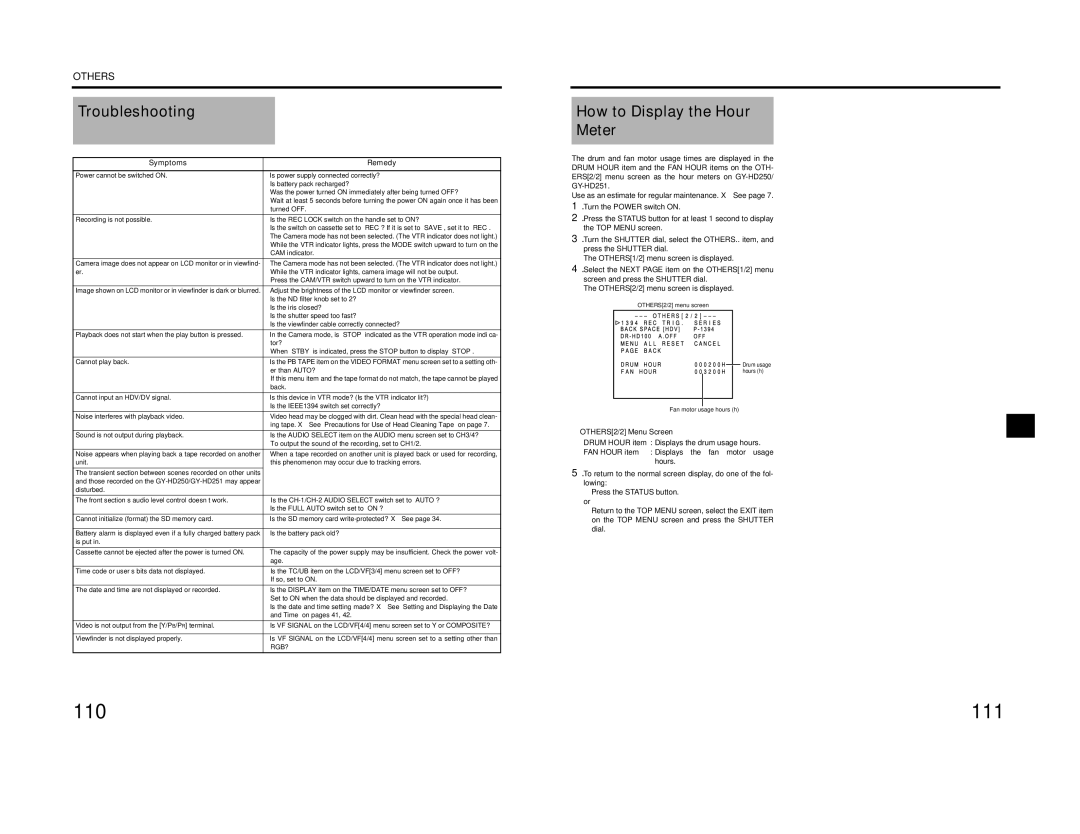 JVC GY-HD200U/CHU, GY-HD200E/CHE, GY-HD201E/CHE manual Troubleshooting, How to Display the Hour Meter, Rgb? 