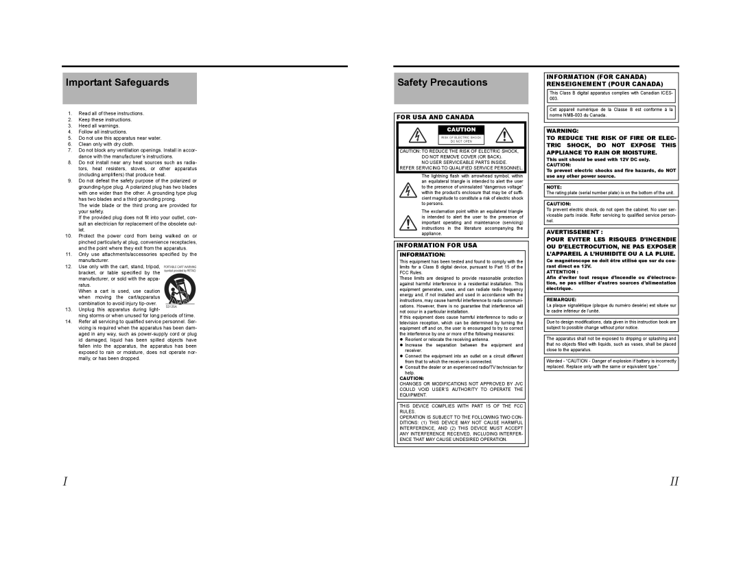 JVC GY-HD201E/CHE, GY-HD200E/CHE, GY-HD200U/CHU manual Important Safeguards, Safety Precautions, Remarque 