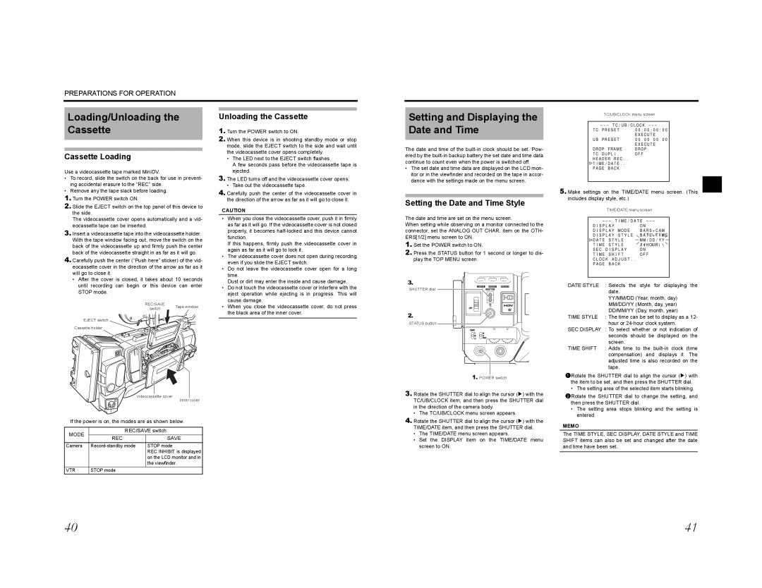 JVC GY-HD201E/CHE, GY-HD200E/CHE, GY-HD200U/CHU manual Loading/Unloading the Cassette, Setting and Displaying, Date and Time 