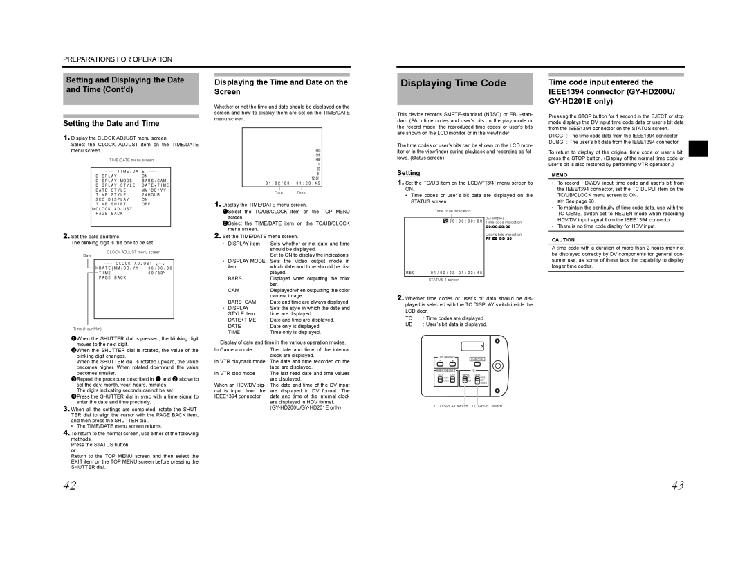 JVC GY-HD200E/CHE, GY-HD200U/CHU, GY-HD201E/CHE Displaying Time Code, Displaying the Time and Date on the Screen, Setting 